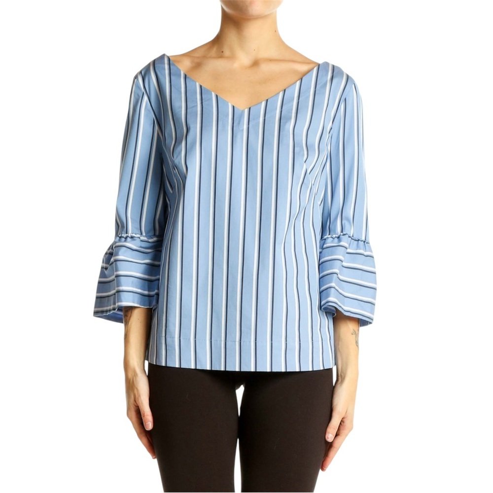 WHBM Blue Striped V‎ Neck Bell Sleeve Blouse Size 14 Petite